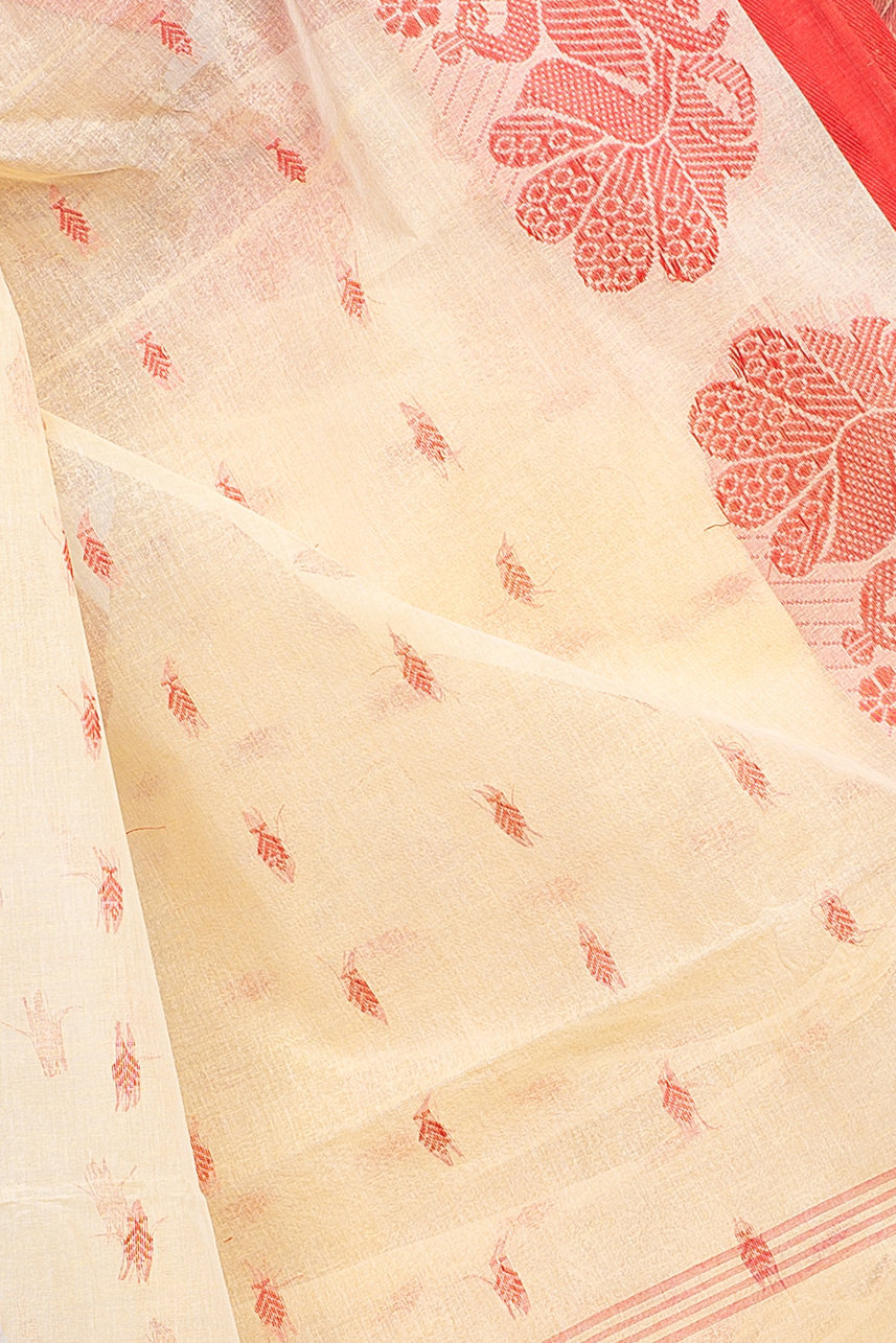 Cream Pure Cotton MOYUR PAR Tant Saree (901)